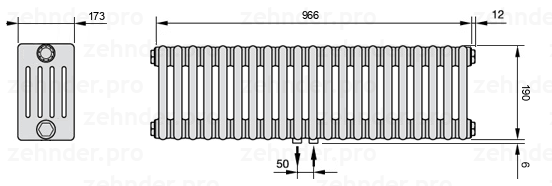 Схема (чертеж) Радиатор Zehnder Charleston 5019/21 №5410 Белый глянцевый RAL 9016
